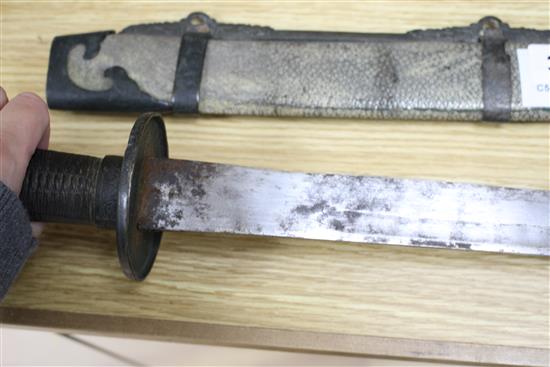 A 19th century Chinese sword, with shagreen and bronze mounted scabbard, the mounts slightly loose, with a fullered steel blade,